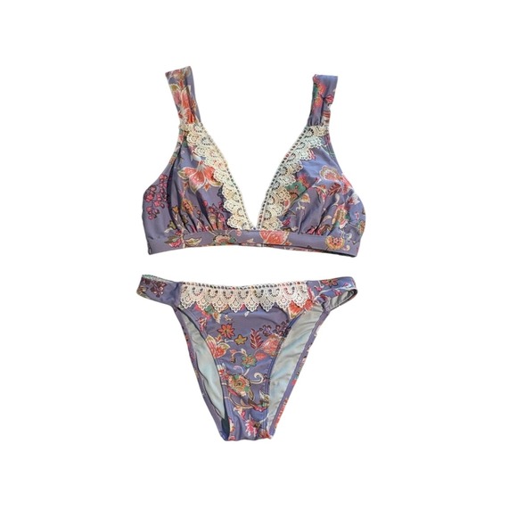 Unsigned Other - Purple Floral Paisley Crochet Lace Trim Two Piece Bikini Set Boho Swimwear Sz M